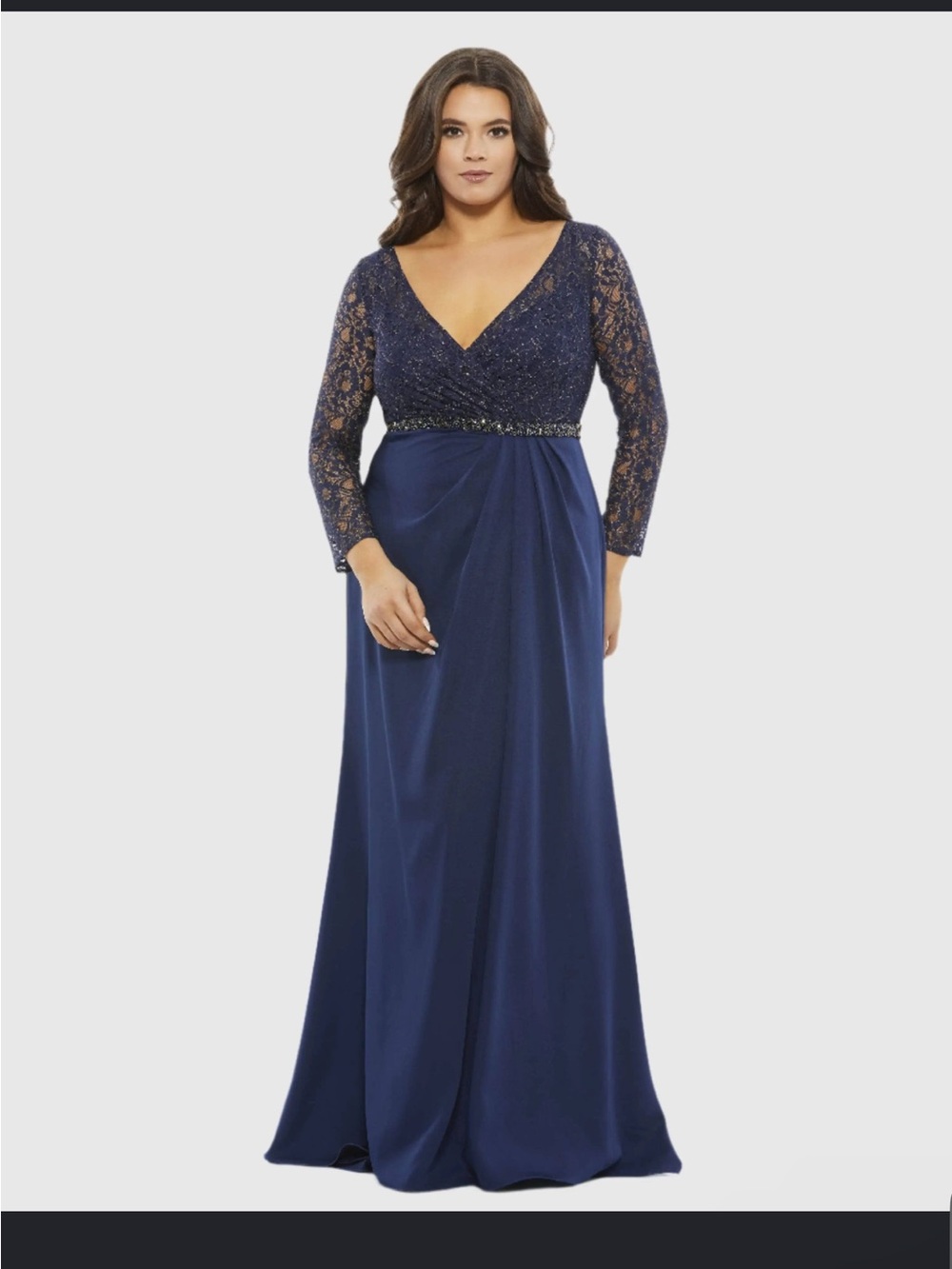 Navy Lace Bodice V-Neck Evening Gown
Mac Duggal
